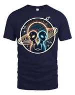 Cosmic Alien Encounter Graphic T Shirt Galactic Space Art - navy t-shirt on white background