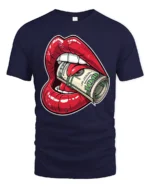 Money Hungry Lips Cash Roll Graphic T Shirt Bold Street Art - navy t-shirt on white background