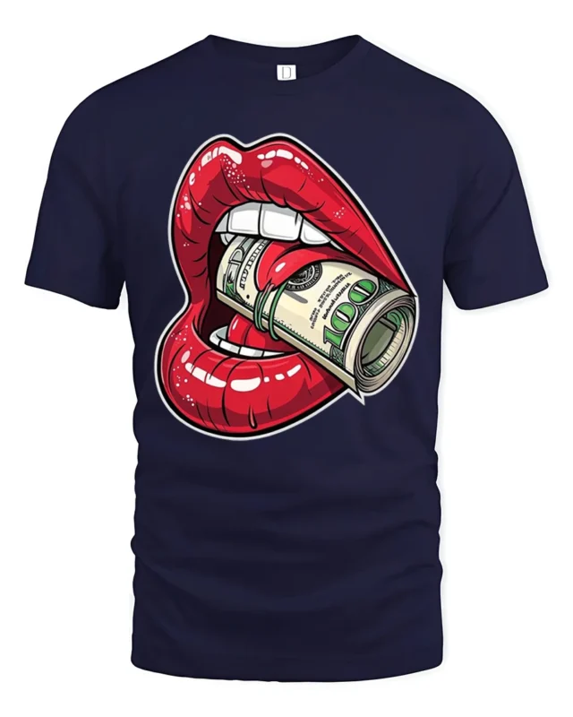 Money Hungry Lips Cash Roll Graphic T Shirt Bold Street Art - navy t-shirt on white background