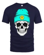Cool Skull With Beanie Sad Face Graphic T Shirt Street Style - navy t-shirt on white background