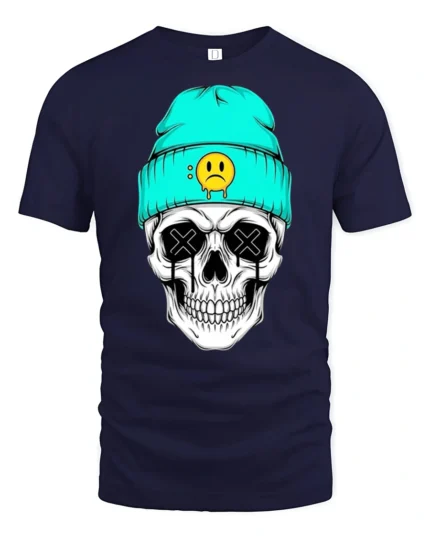 Cool Skull With Beanie Sad Face Graphic T Shirt Street Style - navy t-shirt on white background
