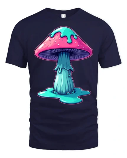 Trippy Melting Mushroom Psychedelic Graphic T Shirt Neon Art - navy t-shirt on white background