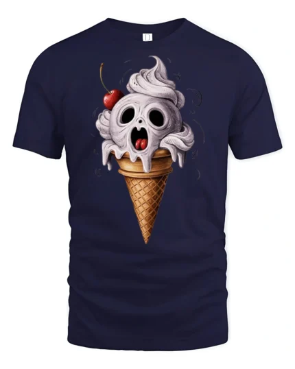 Creepy Skull Ice Cream Cone Funny Halloween Graphic T Shirt - navy t-shirt on white background