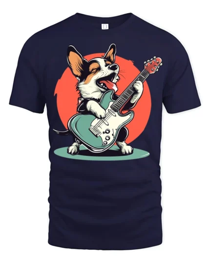 Funny Rock Star Corgi Playing Guitar Graphic T Shirt - navy t-shirt on white background