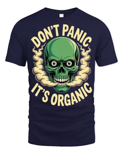 Funny Dont Panic Its Organic Skull Humor Graphic T Shirt - navy t-shirt on white background