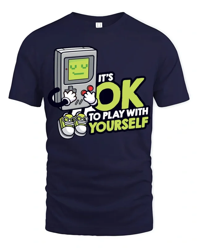 Funny Retro Gamer Its OK To Play With Yourself T Shirt - navy t-shirt on white background