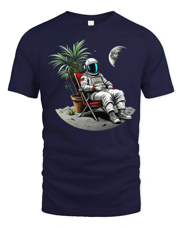 Funny Relaxing Astronaut On The Moon Vacation Graphic T Shirt - navy t-shirt on white background