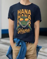 Funny Crocodile Hana Hana Hawaii Vacation Graphic T Shirt - model wearing navy tee with hands in pockets