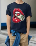 Money Hungry Lips Cash Roll Graphic T Shirt Bold Street Art - model wearing navy tee with hands in pockets
