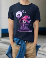 Cute Dark Wizard Skeleton Mage Fantasy Graphic T Shirt - model wearing navy tee with hands in pockets