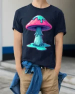 Trippy Melting Mushroom Psychedelic Graphic T Shirt Neon Art - model wearing navy tee with hands in pockets