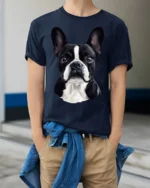 Cute Boston Terrier Dog Lover Portrait Graphic T Shirt Style - model wearing navy tee with hands in pockets