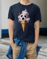Creepy Skull Ice Cream Cone Funny Halloween Graphic T Shirt - model wearing navy tee with hands in pockets