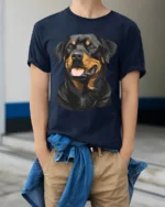 Loyal Rottweiler Dog Lover Graphic T Shirt Bold Canine Art - model wearing navy tee with hands in pockets