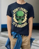 Funny Dont Panic Its Organic Skull Humor Graphic T Shirt - model wearing navy tee with hands in pockets