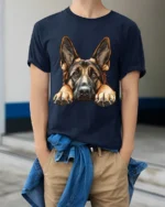 Cute German Shepherd Dog Peek Graphic T Shirt Dog Lover Style - model wearing navy tee with hands in pockets