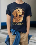 Life Is Better With A Golden Retriever Dog Lover Graphic T Shirt - model wearing navy tee with hands in pockets