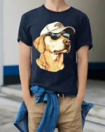 Cool Labrador Retriever Dog Wearing Sunglasses Graphic T Shirt - model wearing navy tee with hands in pockets