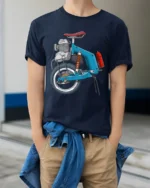 Funny Motorized Mini Bike Engine Graphic T Shirt Retro Ride - model wearing navy tee with hands in pockets