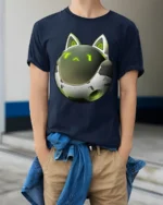 Futuristic Robot Cat Helmet Sci Fi Cyber Kitty Graphic T Shirt - model wearing navy tee with hands in pockets