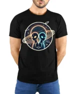 Cosmic Alien Encounter Graphic T Shirt Galactic Space Art - model wearing black tee with hands behind back
