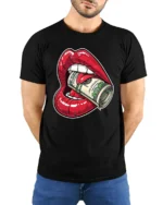 Money Hungry Lips Cash Roll Graphic T Shirt Bold Street Art - model wearing black tee with hands behind back