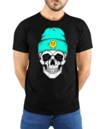 Cool Skull With Beanie Sad Face Graphic T Shirt Street Style - model wearing black tee with hands behind back
