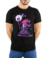 Cute Dark Wizard Skeleton Mage Fantasy Graphic T Shirt - model wearing black tee with hands behind back