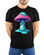 Trippy Melting Mushroom Psychedelic Graphic T Shirt Neon Art - model wearing black tee with hands behind back