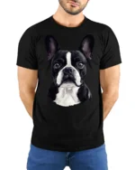 Cute Boston Terrier Dog Lover Portrait Graphic T Shirt Style - model wearing black tee with hands behind back