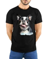 Happy Boston Terrier Dog Lover Cute Puppy Graphic T Shirt - model wearing black tee with hands behind back
