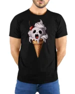 Creepy Skull Ice Cream Cone Funny Halloween Graphic T Shirt - model wearing black tee with hands behind back