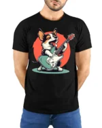 Funny Rock Star Corgi Playing Guitar Graphic T Shirt - model wearing black tee with hands behind back