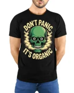 Funny Dont Panic Its Organic Skull Humor Graphic T Shirt - model wearing black tee with hands behind back