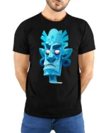 Blue Tribal Tiki Mask Graphic T Shirt Retro Island Art - model wearing black tee with hands behind back