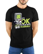Funny Retro Gamer Its OK To Play With Yourself T Shirt - model wearing black tee with hands behind back