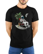 Funny Relaxing Astronaut On The Moon Vacation Graphic T Shirt - model wearing black tee with hands behind back