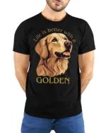 Life Is Better With A Golden Retriever Dog Lover Graphic T Shirt - model wearing black tee with hands behind back