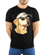 Cool Labrador Retriever Dog Wearing Sunglasses Graphic T Shirt - model wearing black tee with hands behind back