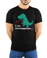 Funny T Rex I Am Unstoppable Tiny Arms Dinosaur Graphic T Shirt - model wearing black tee with hands behind back