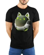 Futuristic Robot Cat Helmet Sci Fi Cyber Kitty Graphic T Shirt - model wearing black tee with hands behind back
