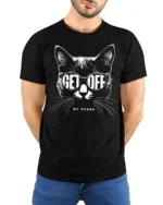 Funny Cat Get Off My Phone Graphic T Shirt Cool Cat Humor - model wearing black tee with hands behind back