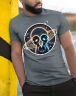 Cosmic Alien Encounter Graphic T Shirt Galactic Space Art - model wearing grey tee, leaning on column