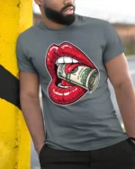 Money Hungry Lips Cash Roll Graphic T Shirt Bold Street Art - model wearing grey tee, leaning on column