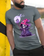 Cute Dark Wizard Skeleton Mage Fantasy Graphic T Shirt - model wearing grey tee, leaning on column