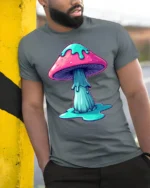 Trippy Melting Mushroom Psychedelic Graphic T Shirt Neon Art - model wearing grey tee, leaning on column