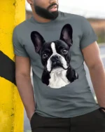 Cute Boston Terrier Dog Lover Portrait Graphic T Shirt Style - model wearing grey tee, leaning on column