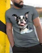 Happy Boston Terrier Dog Lover Cute Puppy Graphic T Shirt - model wearing grey tee, leaning on column