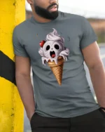 Creepy Skull Ice Cream Cone Funny Halloween Graphic T Shirt - model wearing grey tee, leaning on column