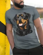 Loyal Rottweiler Dog Lover Graphic T Shirt Bold Canine Art - model wearing grey tee, leaning on column